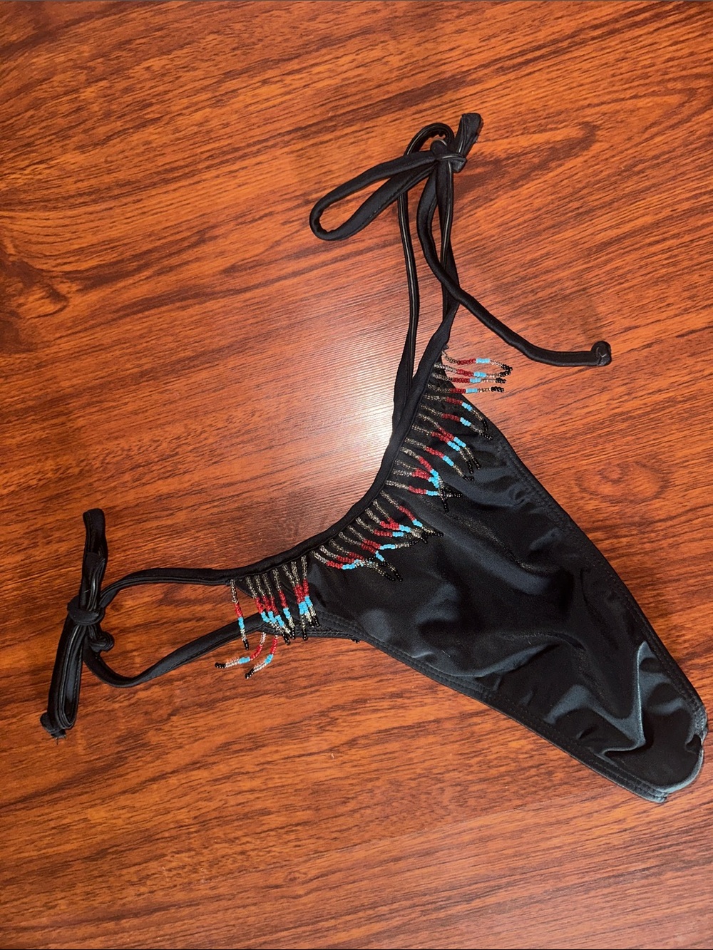 Ipanema Black Tie-Side tBikini Bottom with Red and Turquoise Bead Accents